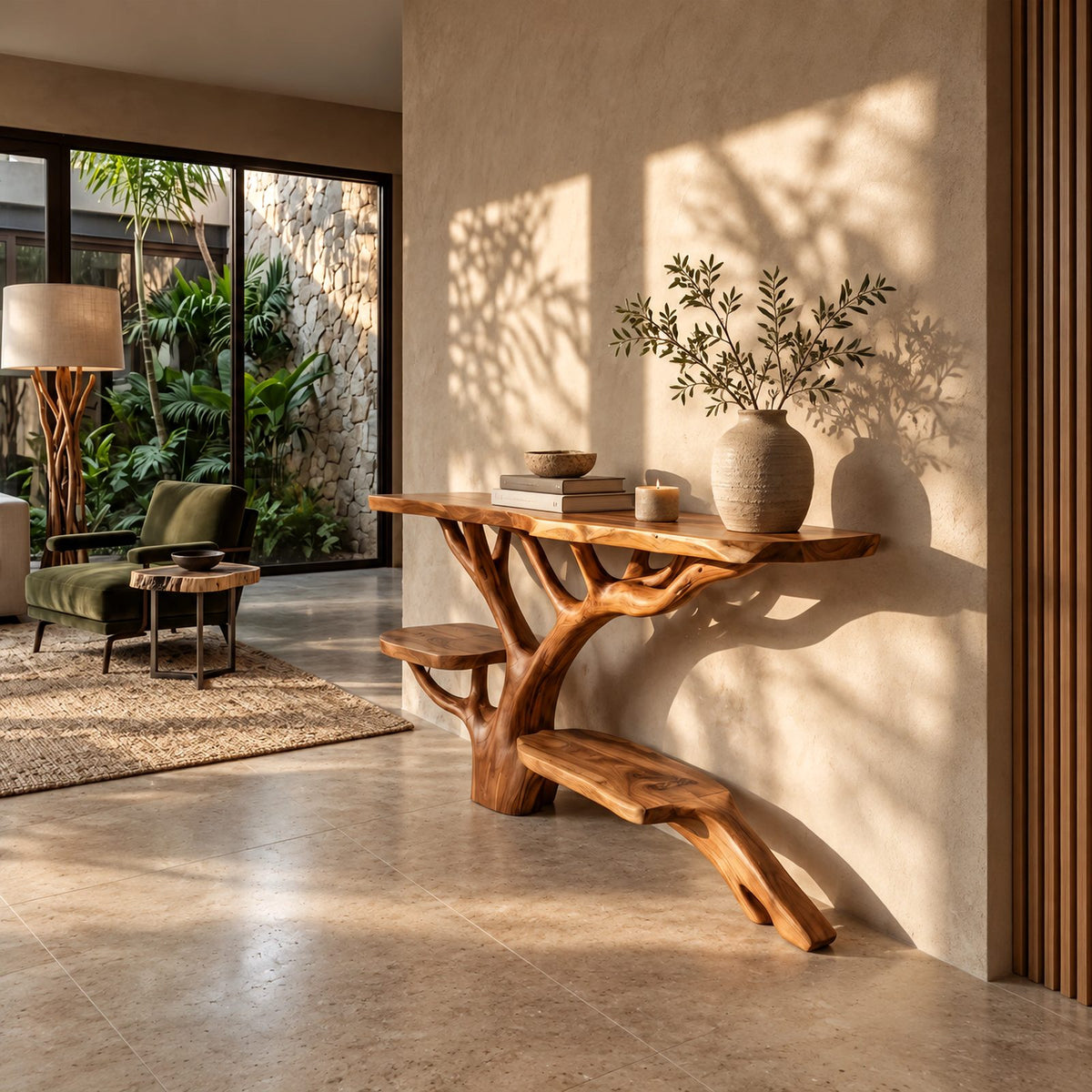 Contemporary Live Edge Console Table With Tree Branch Base For Entryway
