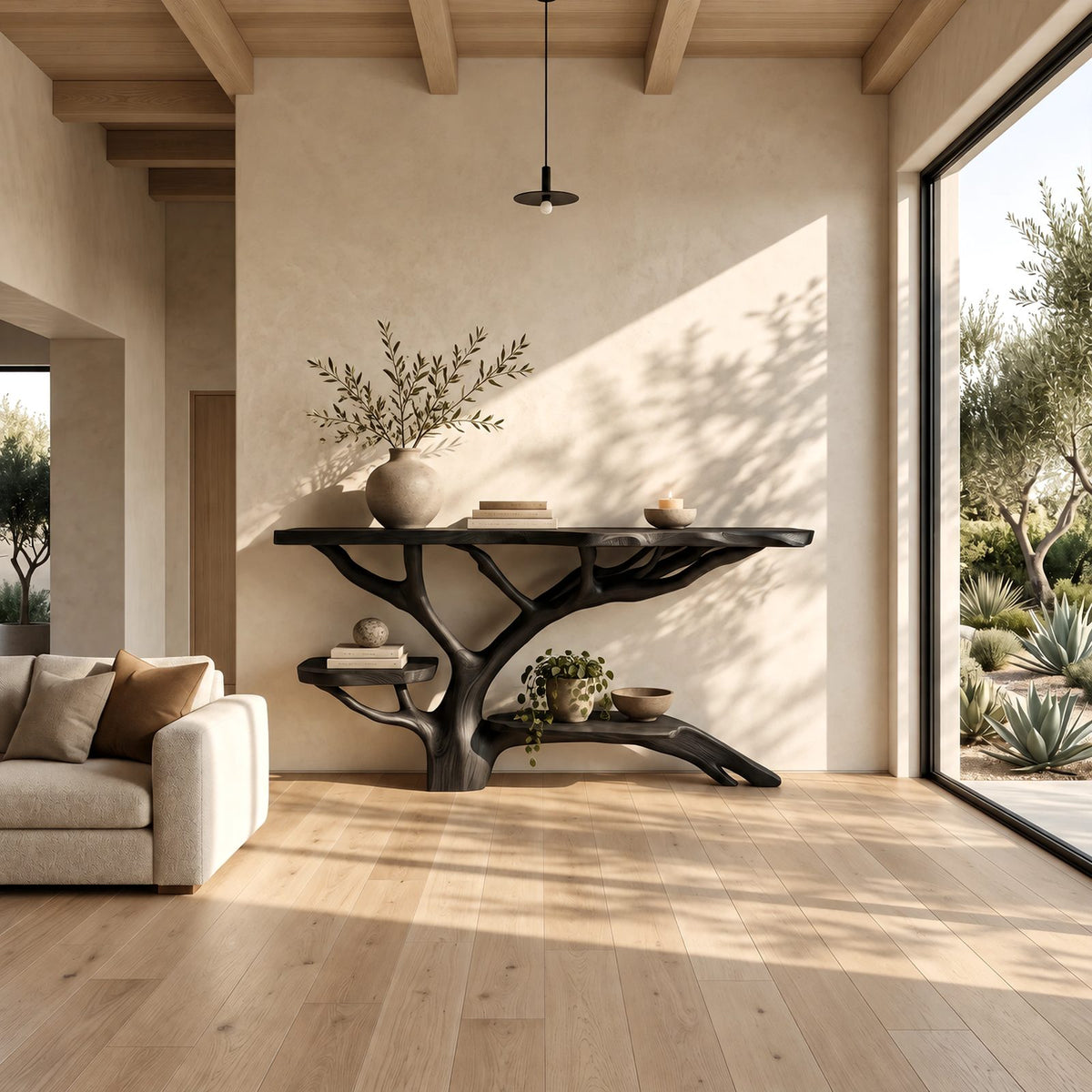 Contemporary Live Edge Console Table With Tree Branch Base For Entryway
