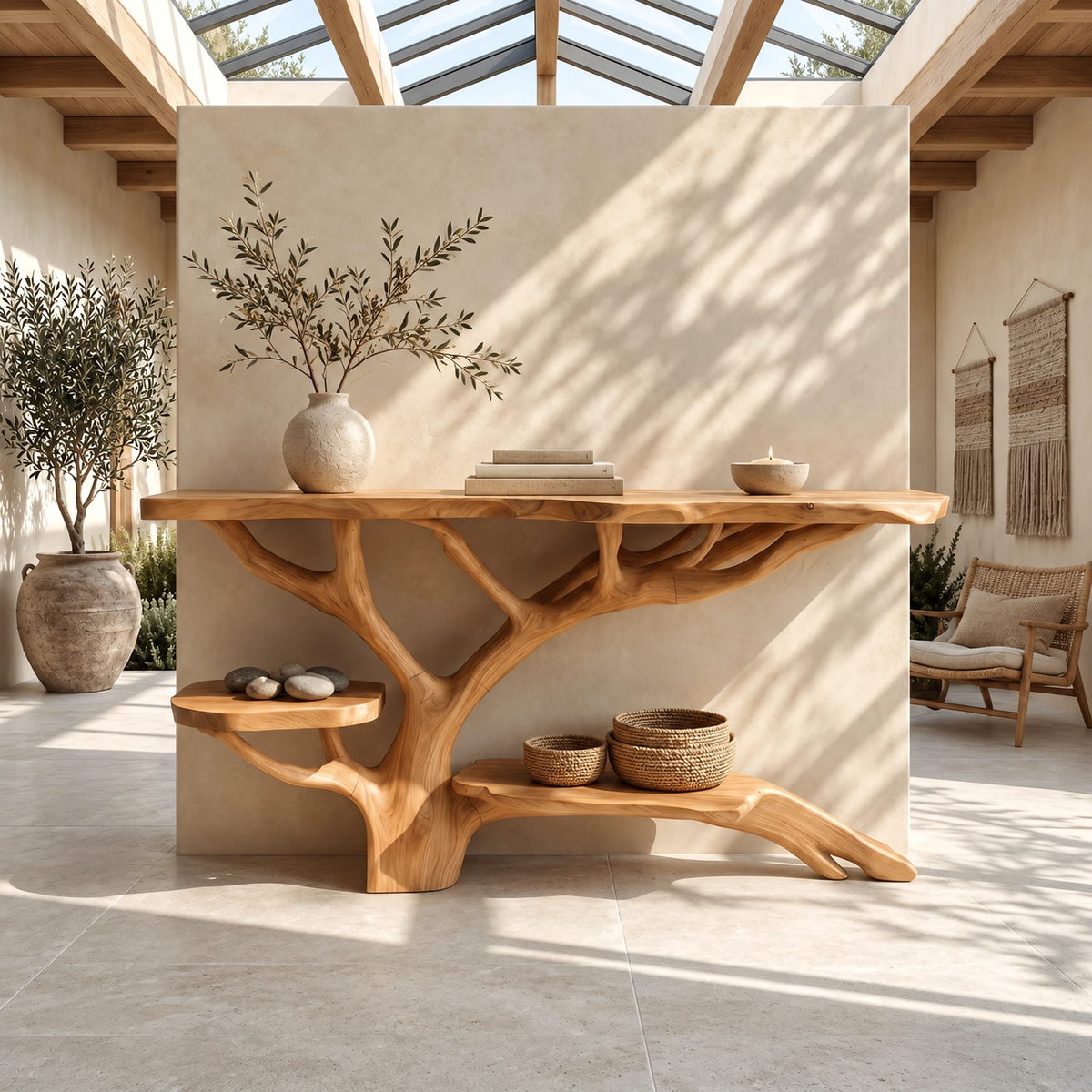 Contemporary Live Edge Console Table With Tree Branch Base For Entryway