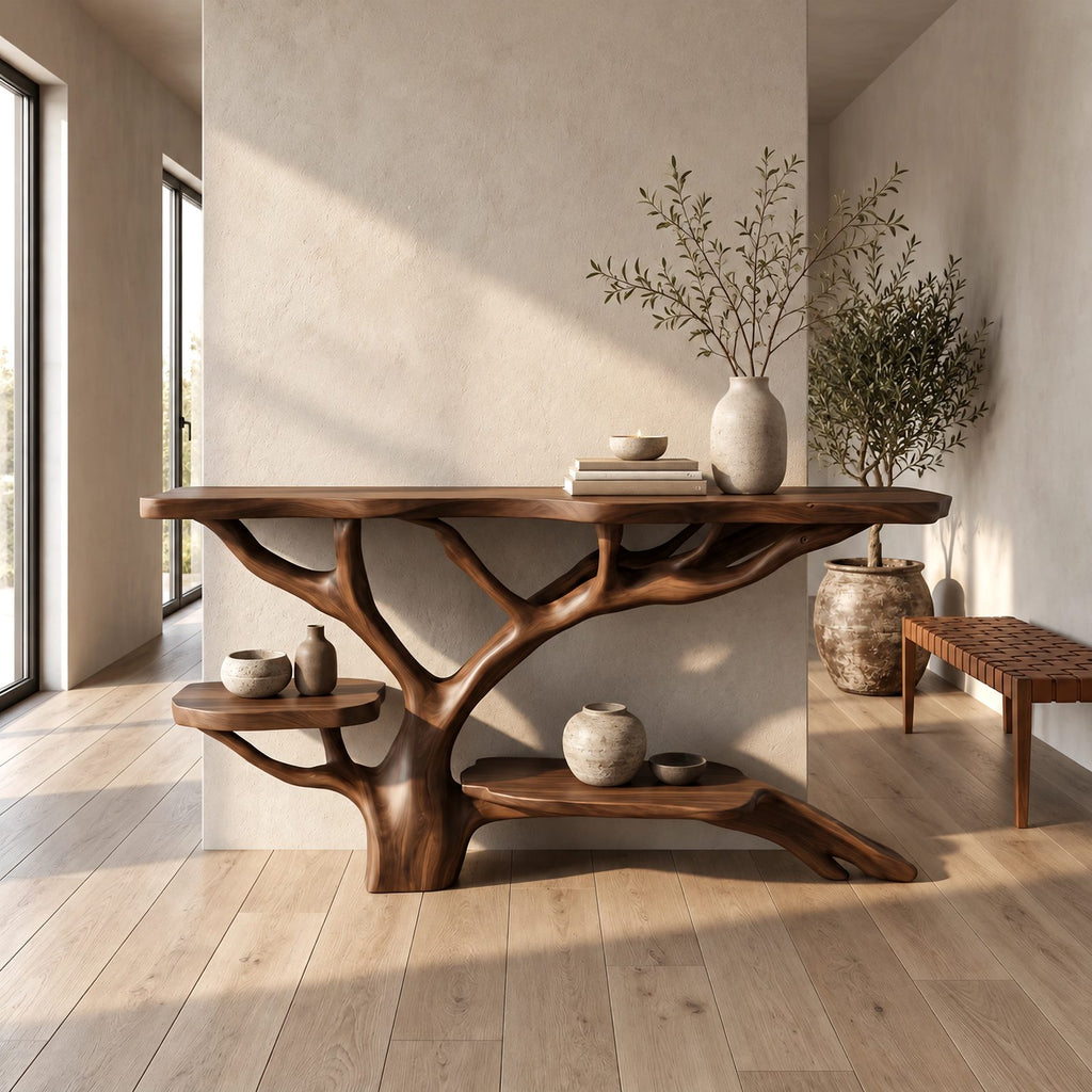 Contemporary Live Edge Console Table With Tree Branch Base For Entryway