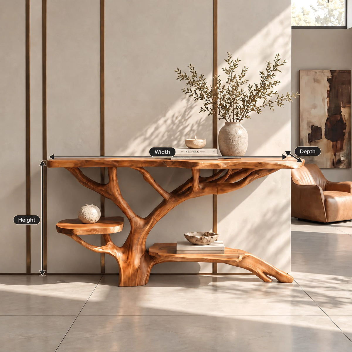 Contemporary Live Edge Console Table With Tree Branch Base For Entryway