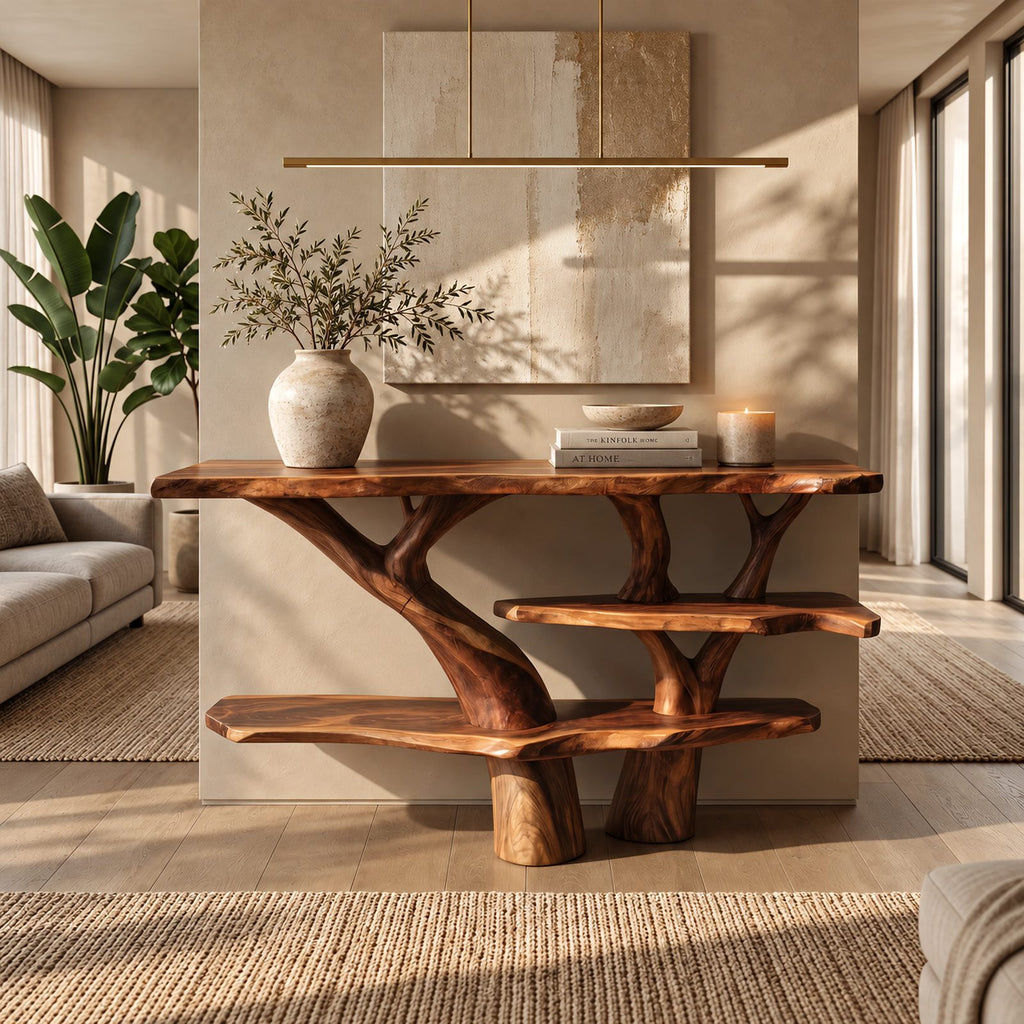 Rustic Tree Trunk Console Table With Tiered Live Edge Shelves For Hallway
