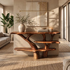 Rustic Tree Trunk Console Table With Tiered Live Edge Shelves For Hallway