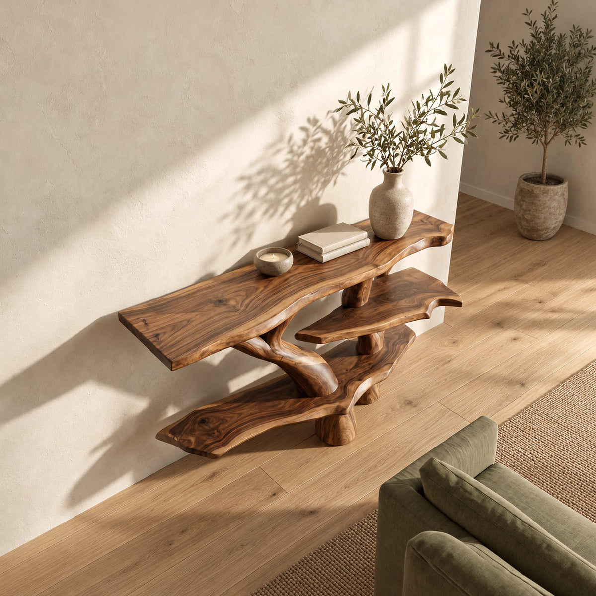 Rustic Tree Trunk Console Table With Tiered Live Edge Shelves For Hallway