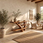 Rustic Tree Trunk Console Table With Tiered Live Edge Shelves For Hallway