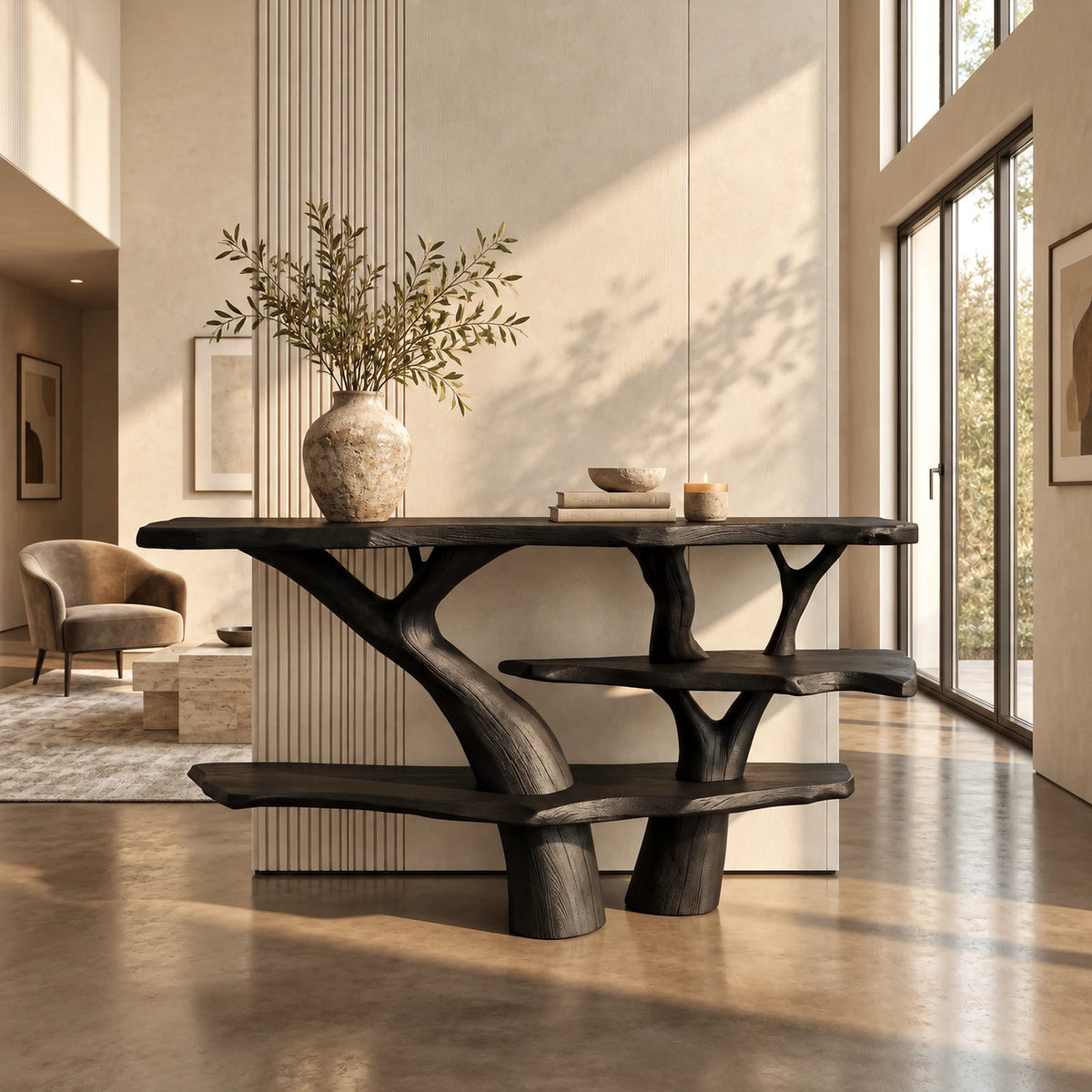 Rustic Tree Trunk Console Table With Tiered Live Edge Shelves For Hallway