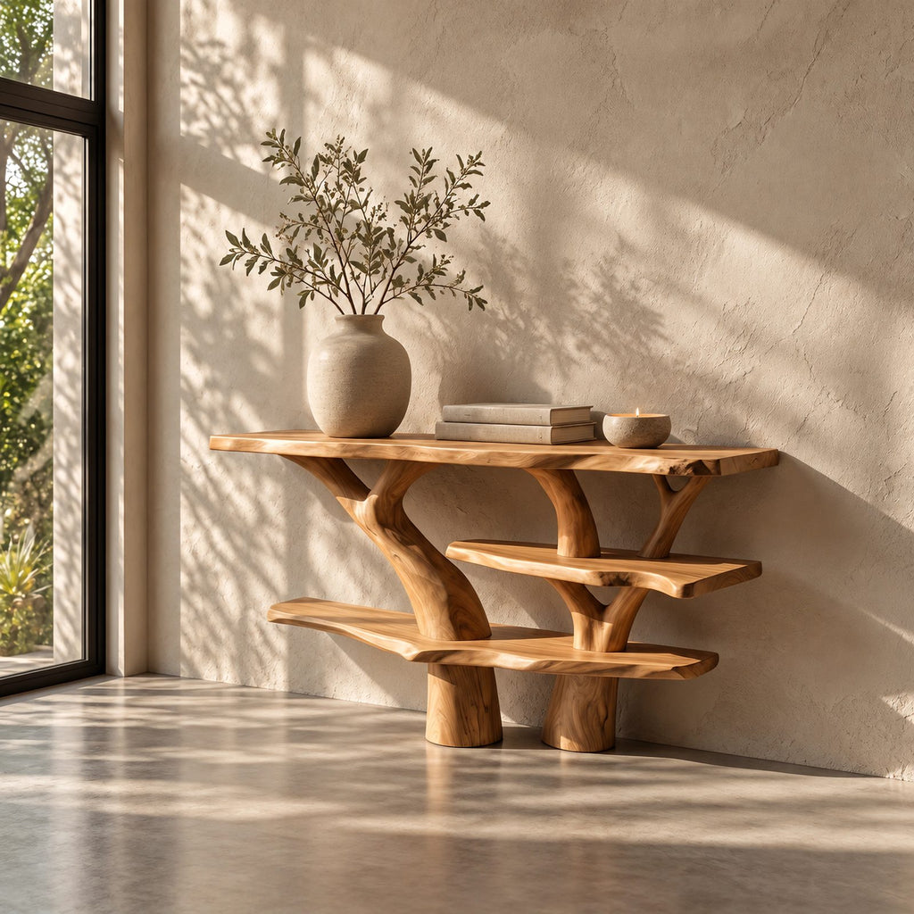 Rustic Tree Trunk Console Table With Tiered Live Edge Shelves For Hallway