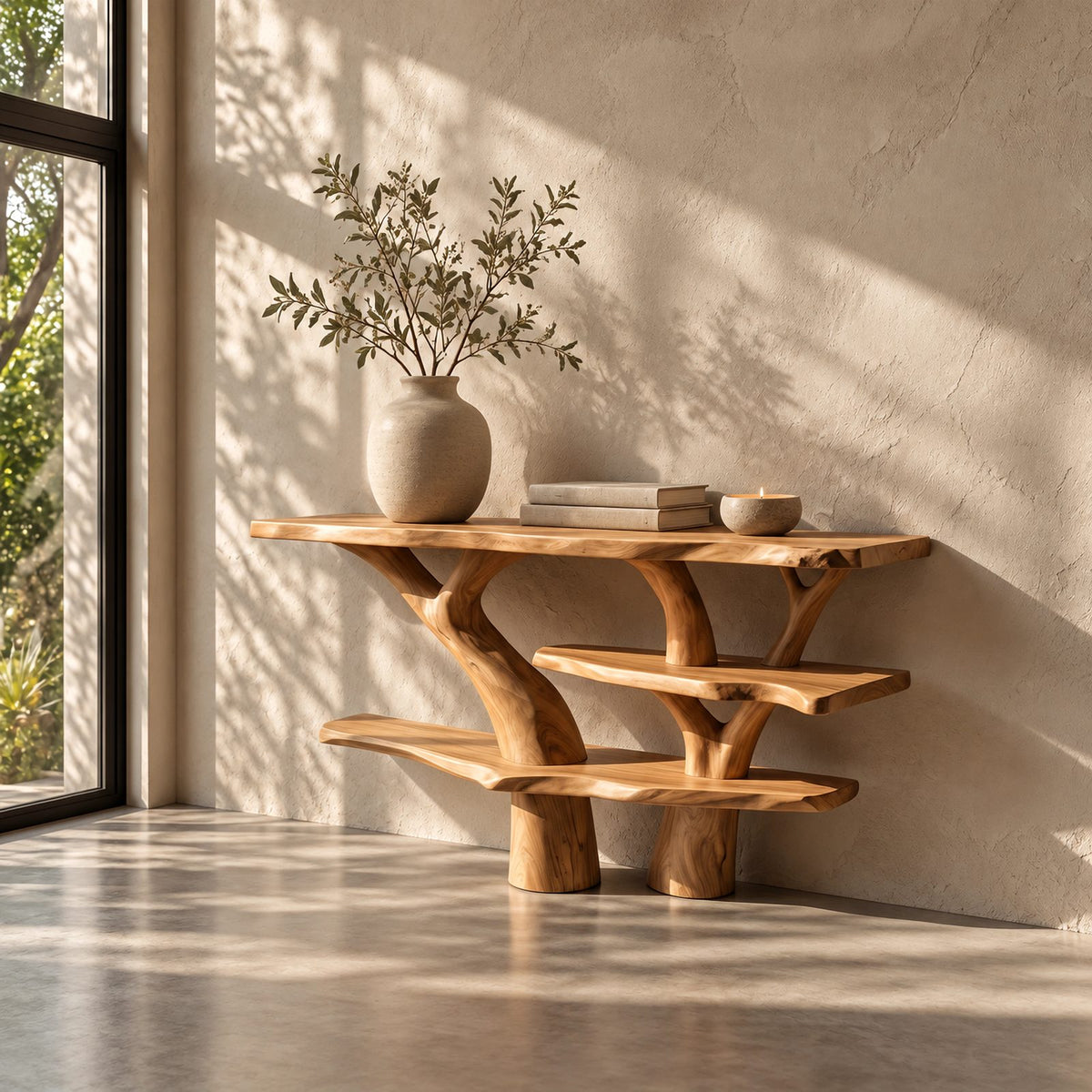 Rustic Tree Trunk Console Table With Tiered Live Edge Shelves For Hallway
