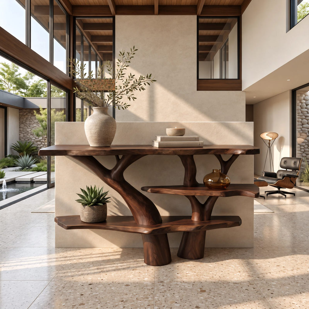 Rustic Tree Trunk Console Table With Tiered Live Edge Shelves For Hallway