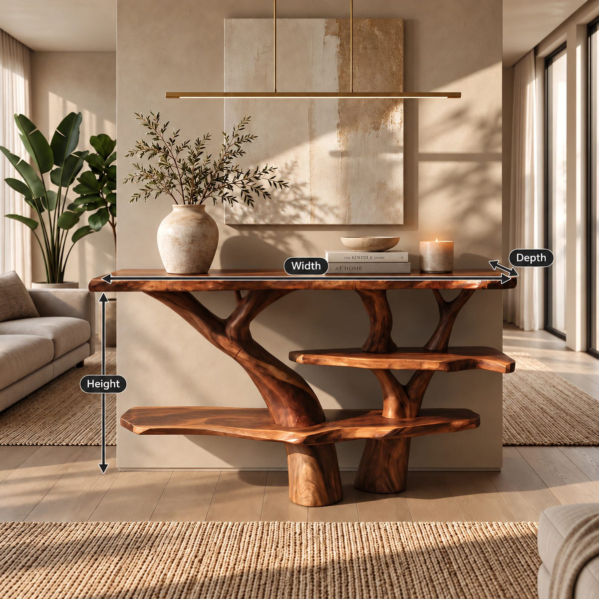 Rustic Tree Trunk Console Table With Tiered Live Edge Shelves For Hallway