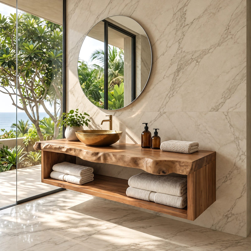 Coastal Live Edge Floating Bathroom Vanity With Open Towel Shelf