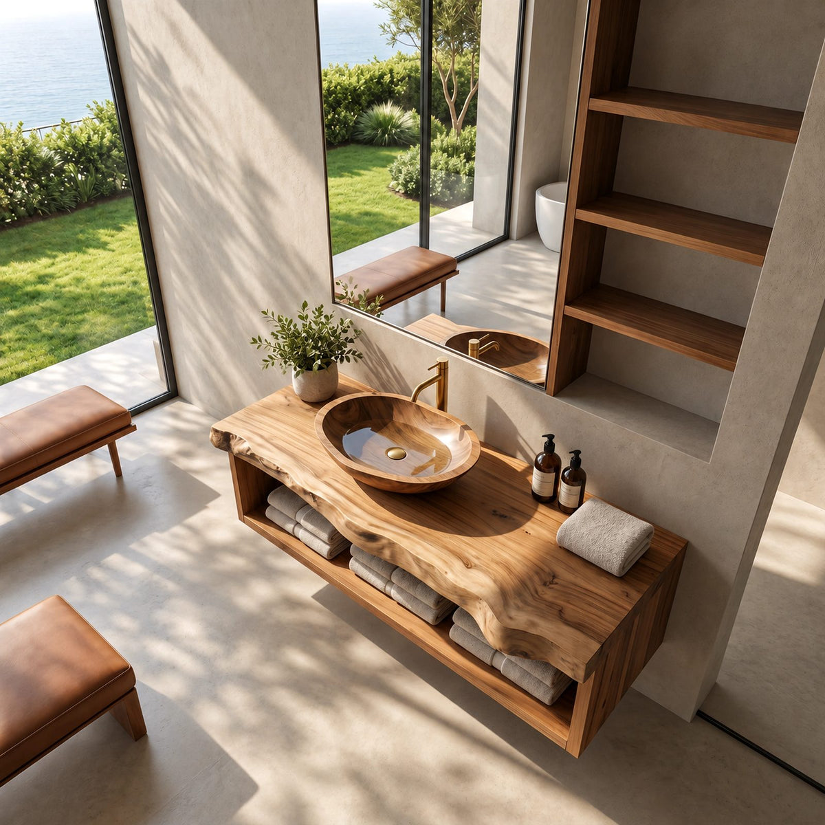 Coastal Live Edge Floating Bathroom Vanity With Open Towel Shelf