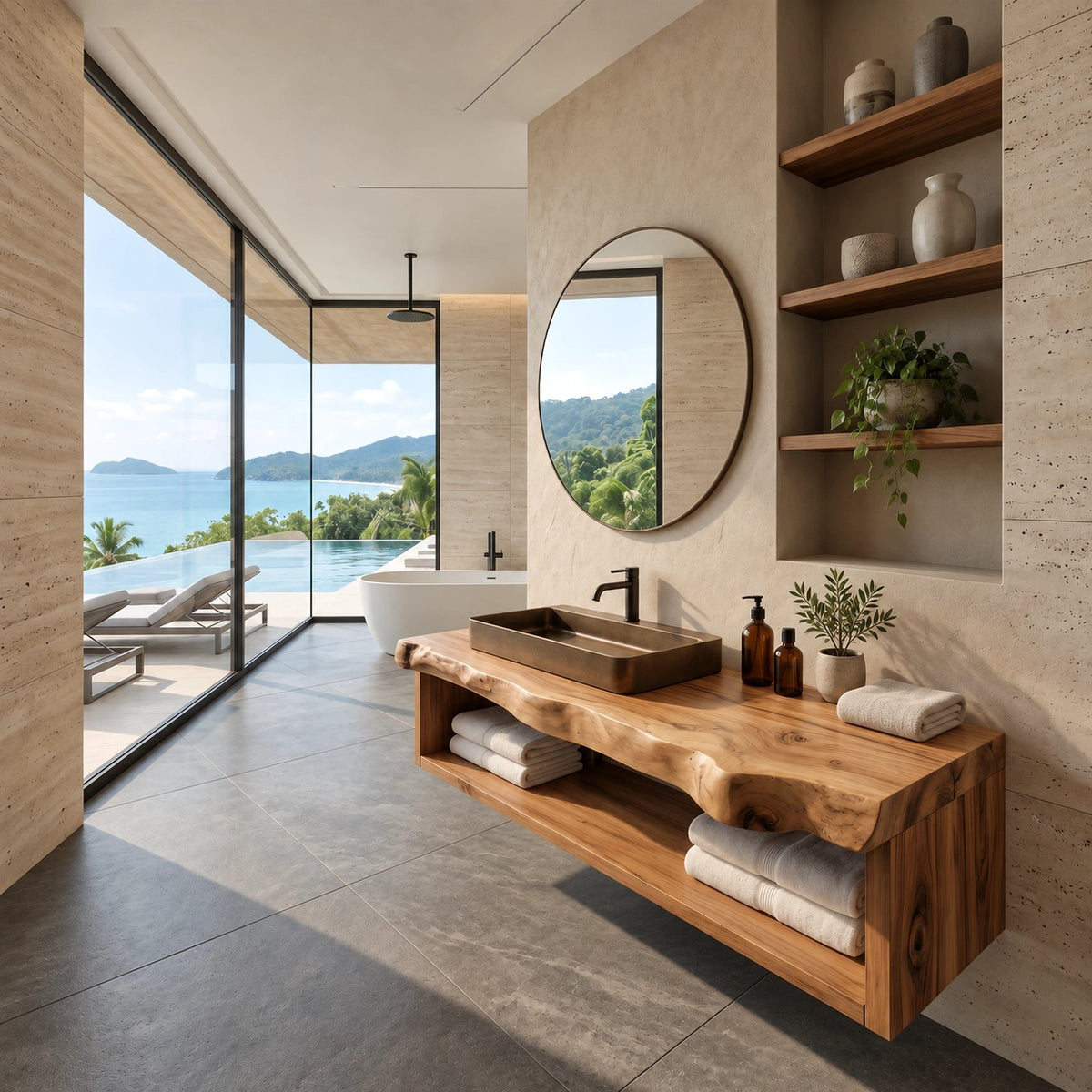 Coastal Live Edge Floating Bathroom Vanity With Open Towel Shelf