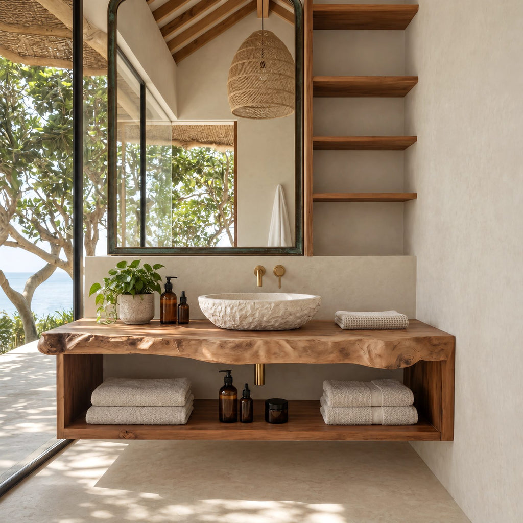 Coastal Live Edge Floating Bathroom Vanity With Open Towel Shelf