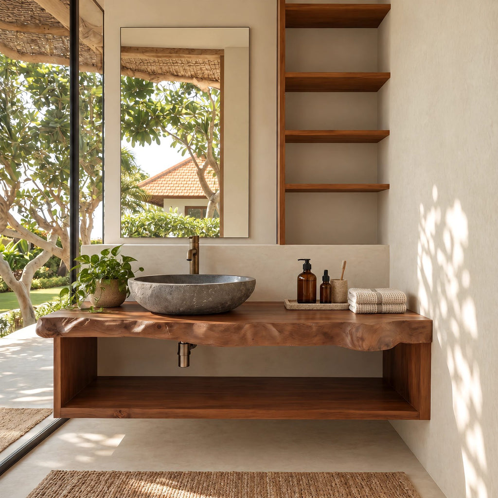 Coastal Live Edge Floating Bathroom Vanity With Open Towel Shelf