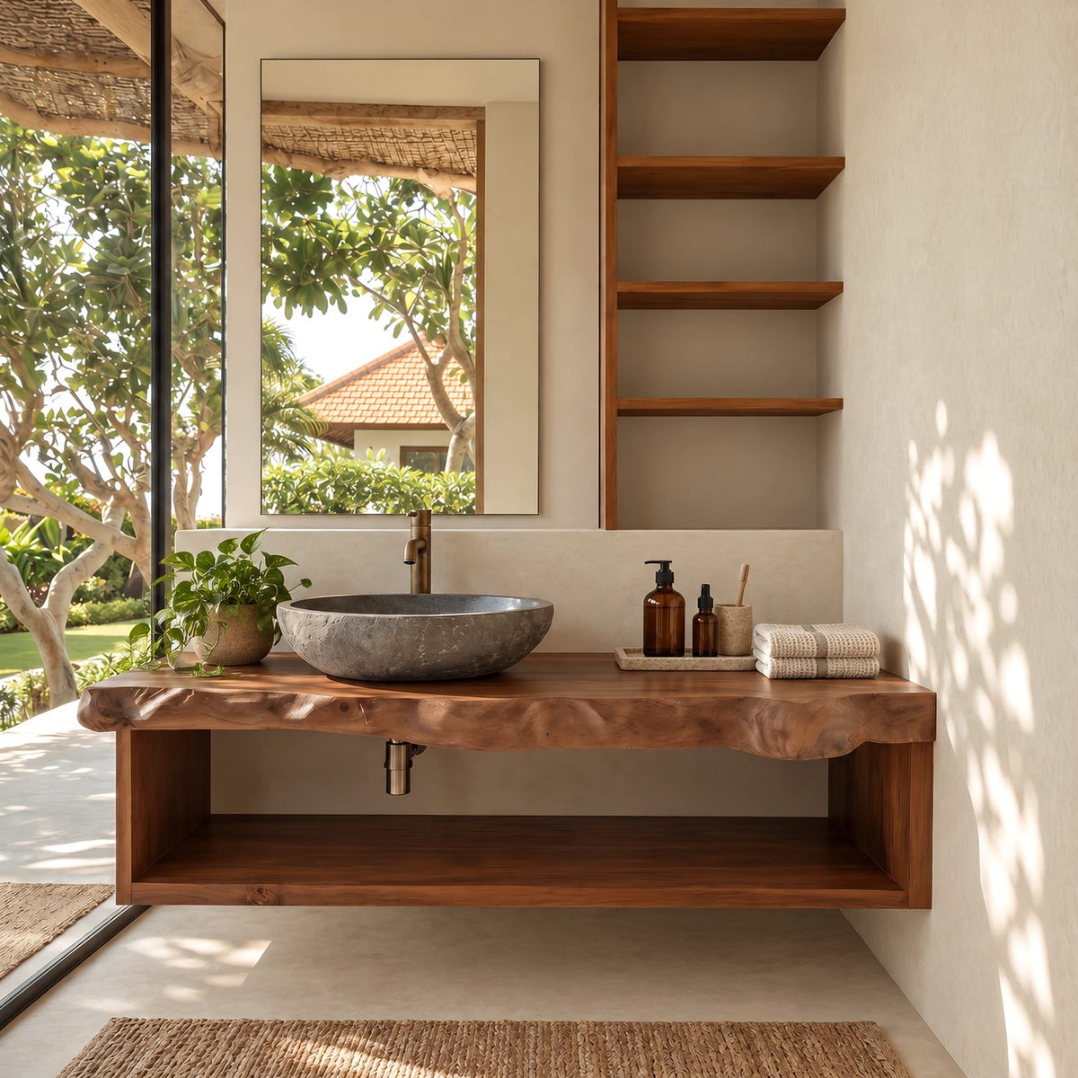 Coastal Live Edge Floating Bathroom Vanity With Open Towel Shelf