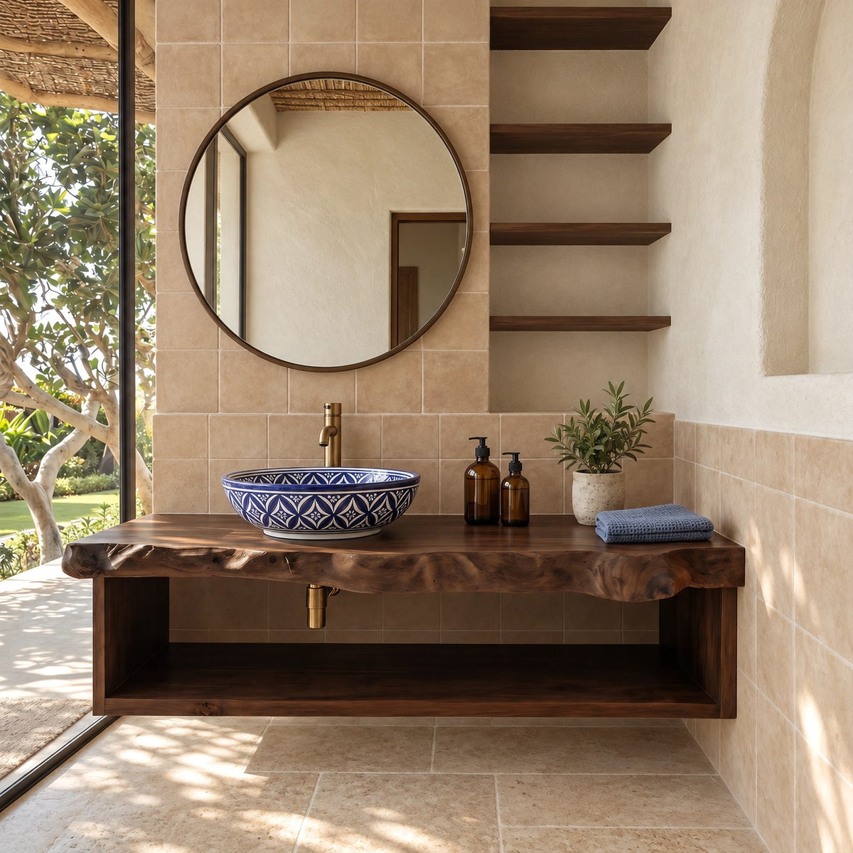 Coastal Live Edge Floating Bathroom Vanity With Open Towel Shelf