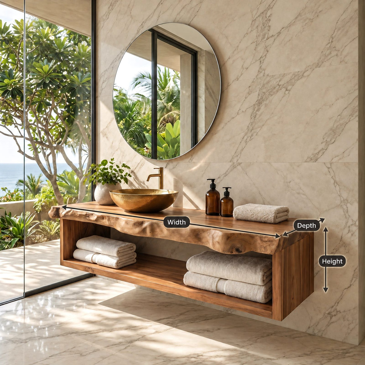Coastal Live Edge Floating Bathroom Vanity With Open Towel Shelf