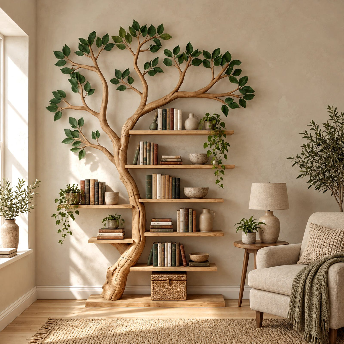 Handcrafted Tree Bookshelf With Leafy Branch Crown For Living Room