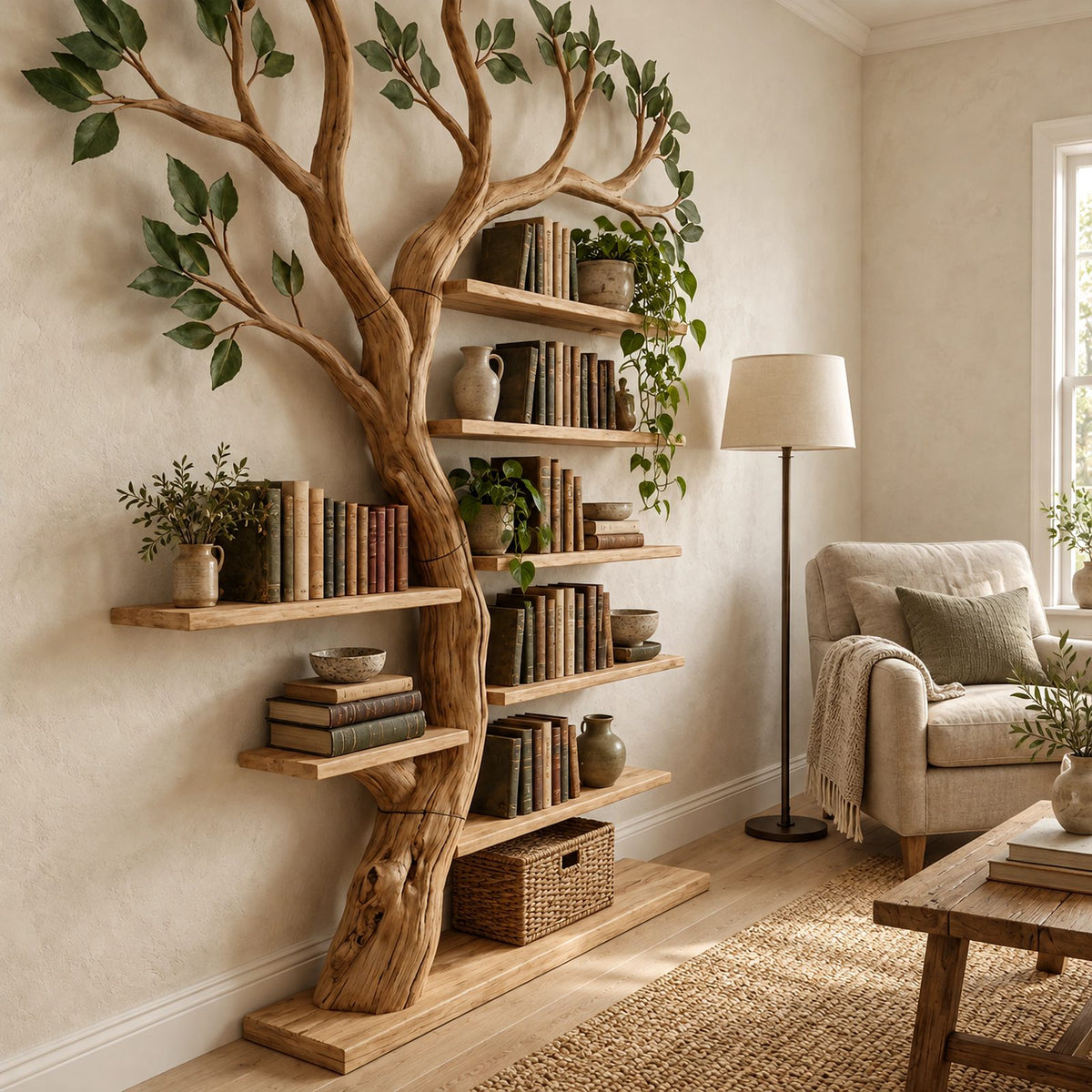 Handcrafted Tree Bookshelf With Leafy Branch Crown For Living Room