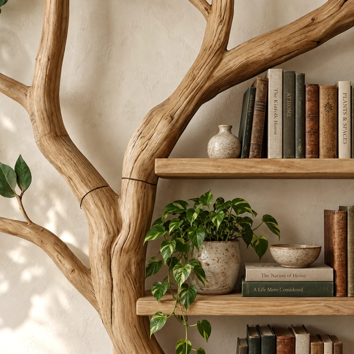 Handcrafted Tree Bookshelf With Leafy Branch Crown For Living Room