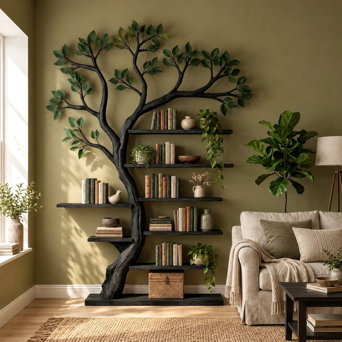 Handcrafted Tree Bookshelf With Leafy Branch Crown For Living Room