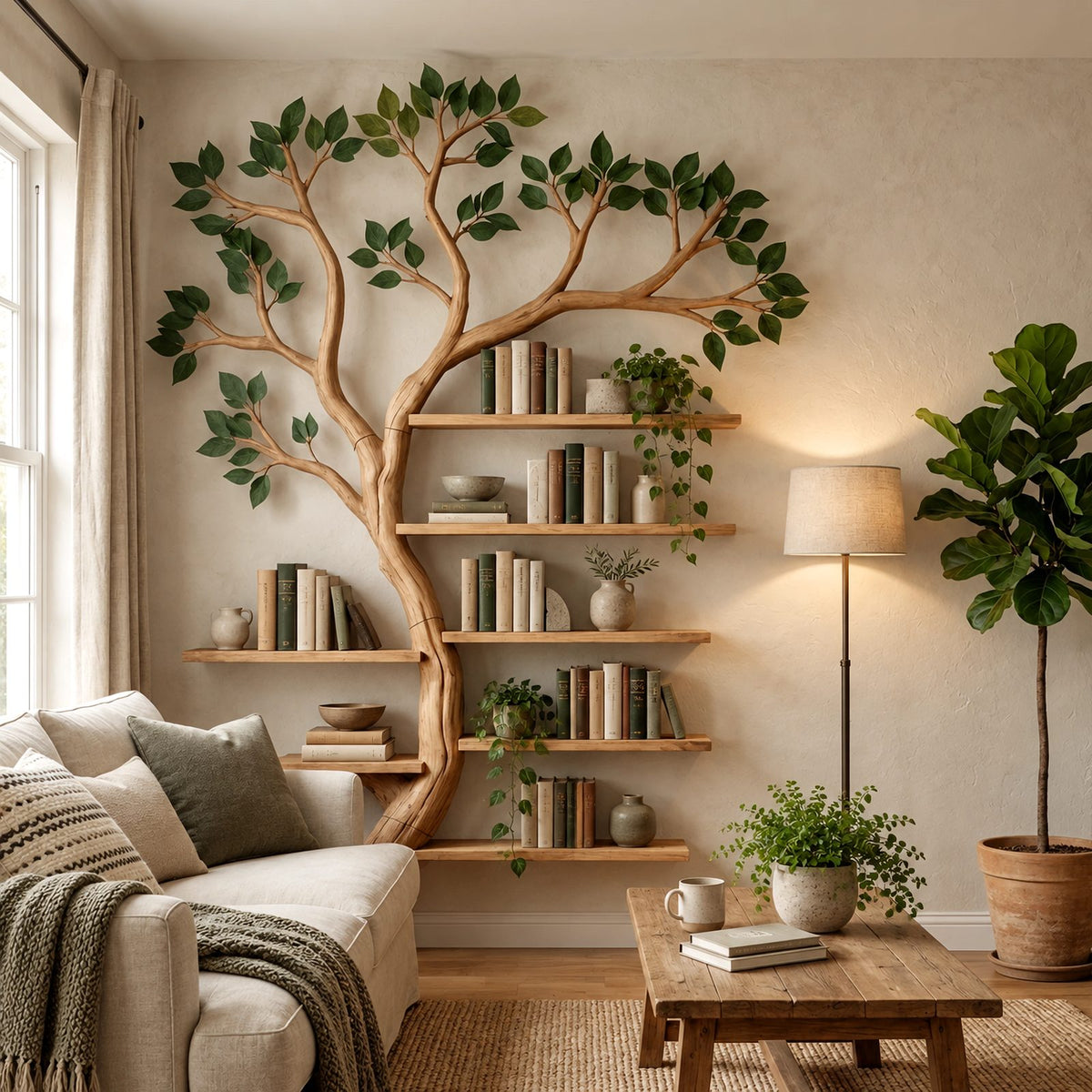 Handcrafted Tree Bookshelf With Leafy Branch Crown For Living Room