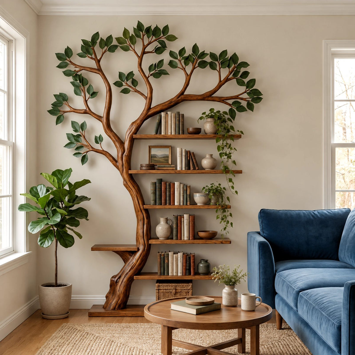 Handcrafted Tree Bookshelf With Leafy Branch Crown For Living Room
