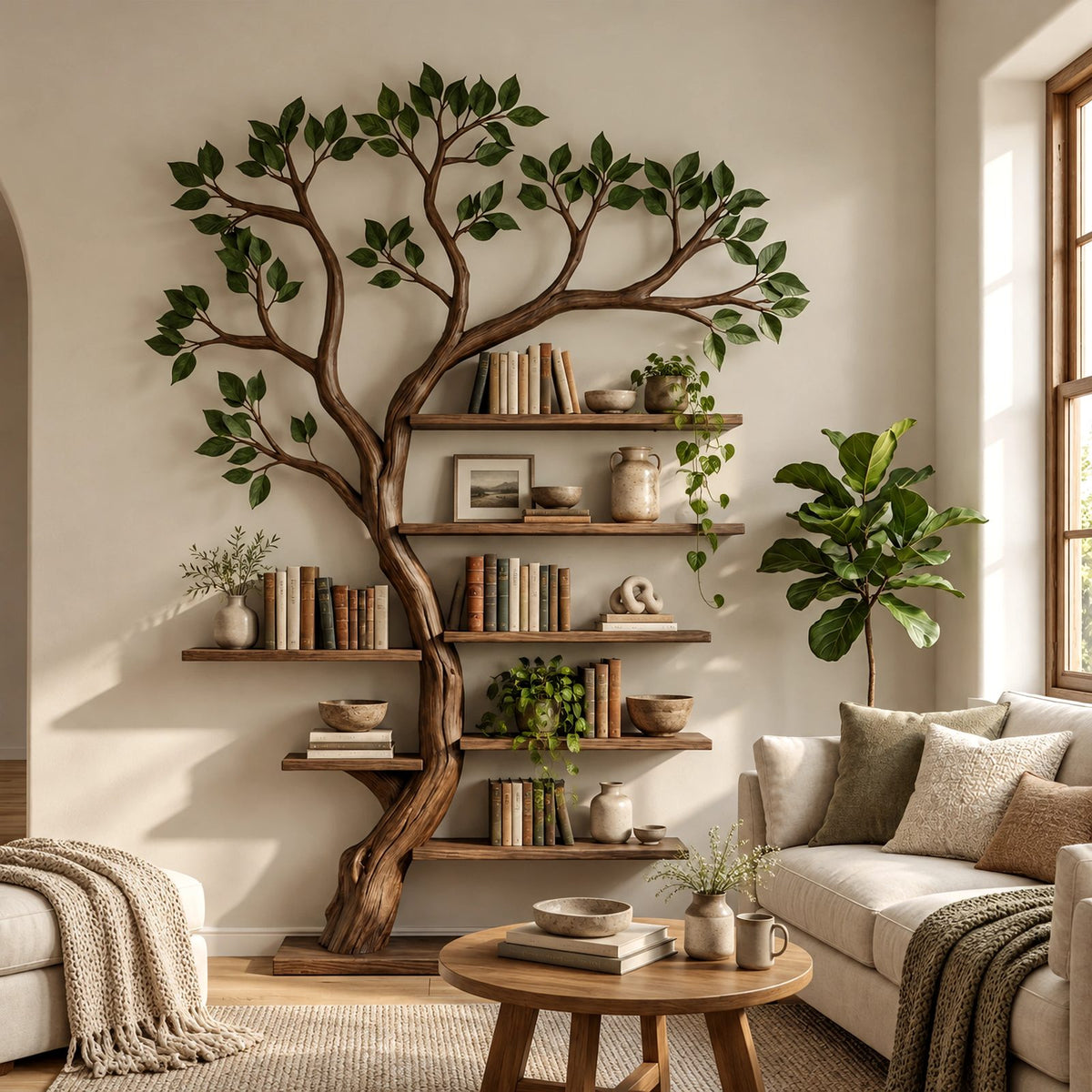 Handcrafted Tree Bookshelf With Leafy Branch Crown For Living Room