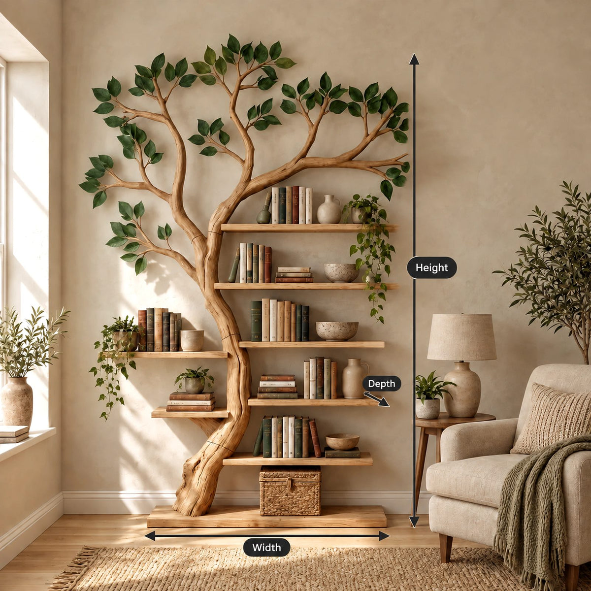 Handcrafted Tree Bookshelf With Leafy Branch Crown For Living Room