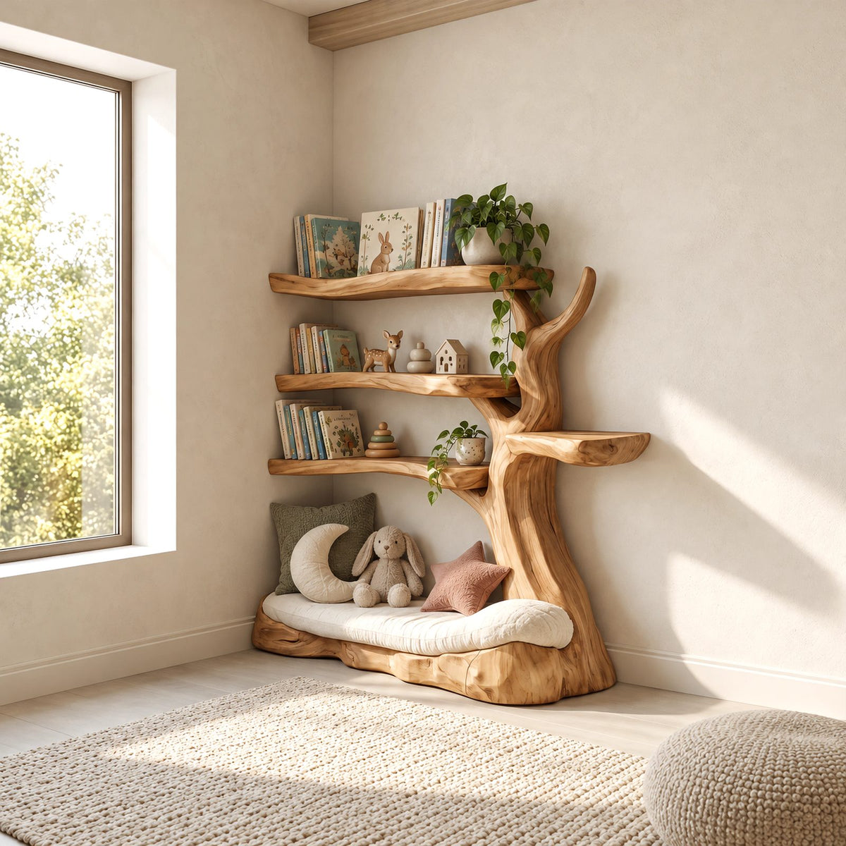 Rustic Solid Wood Tree Bookshelf With Reading Nook Base For Kids Room