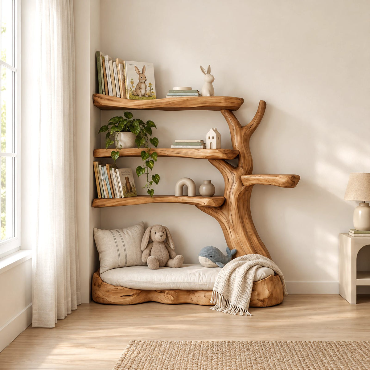 Rustic Solid Wood Tree Bookshelf With Reading Nook Base For Kids Room