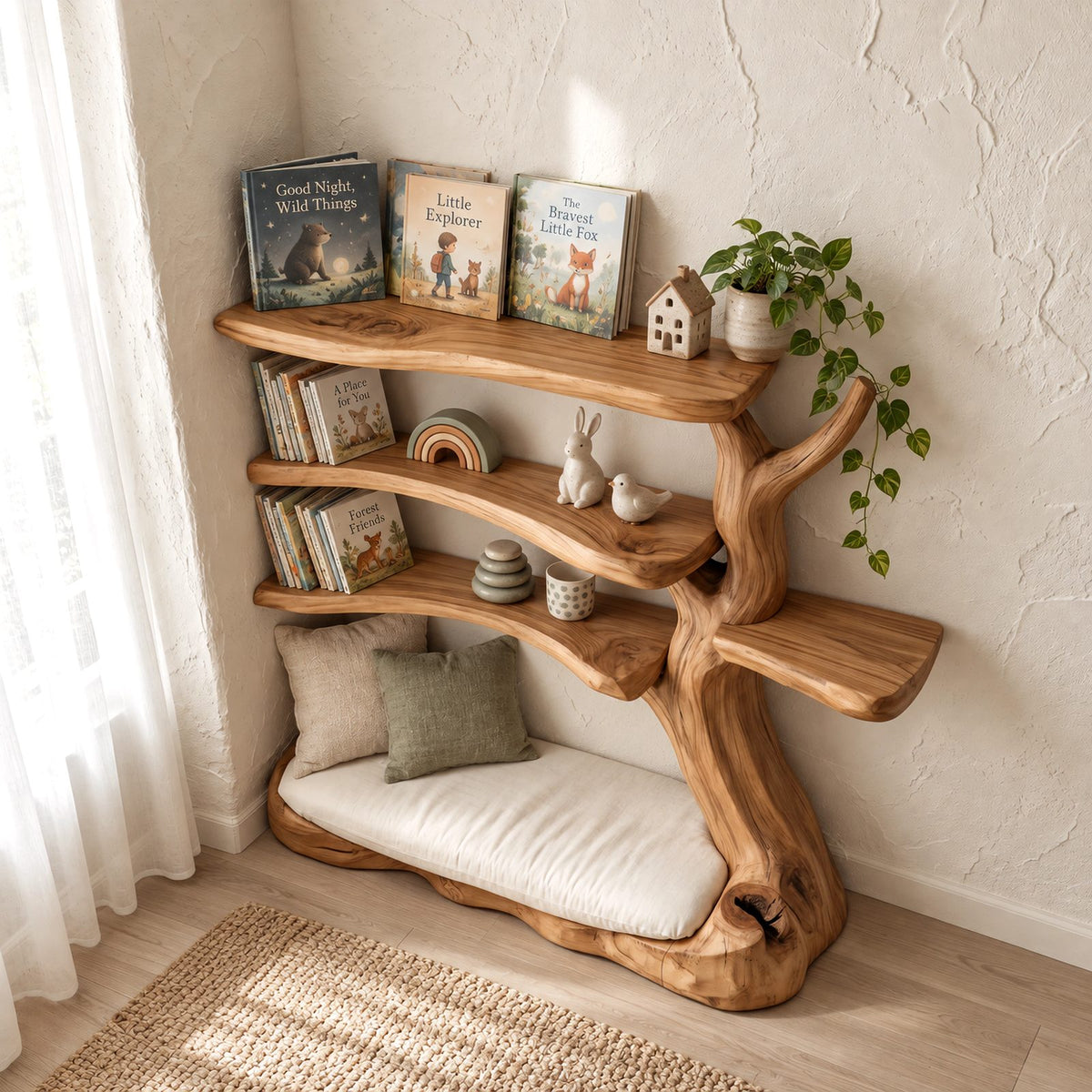 Rustic Solid Wood Tree Bookshelf With Reading Nook Base For Kids Room