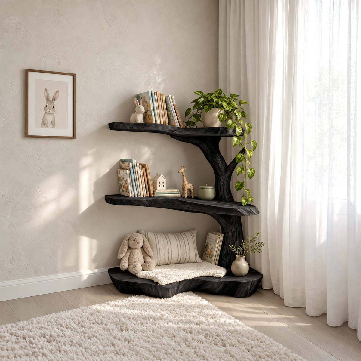 Rustic Solid Wood Tree Bookshelf With Reading Nook Base For Kids Room