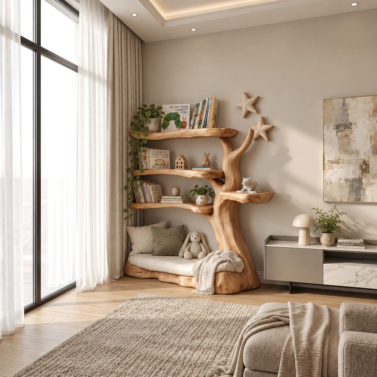 Rustic Solid Wood Tree Bookshelf With Reading Nook Base For Kids Room