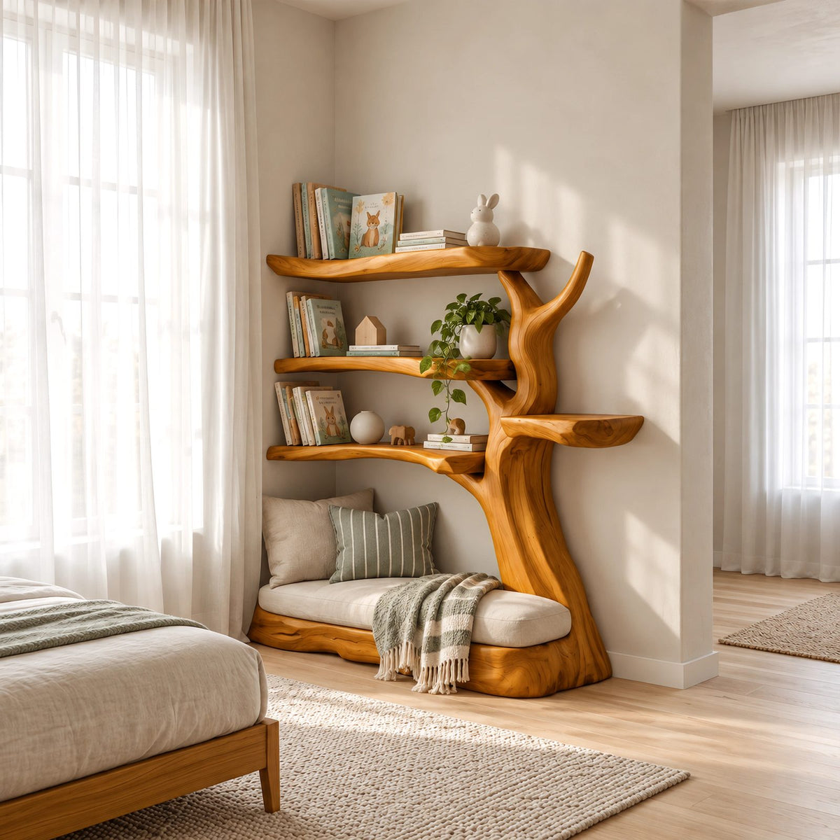 Rustic Solid Wood Tree Bookshelf With Reading Nook Base For Kids Room