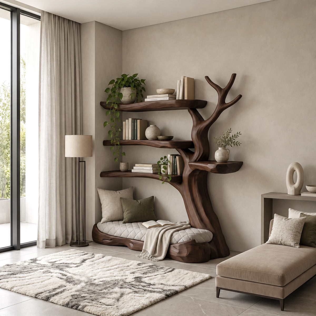 Rustic Solid Wood Tree Bookshelf With Reading Nook Base For Kids Room