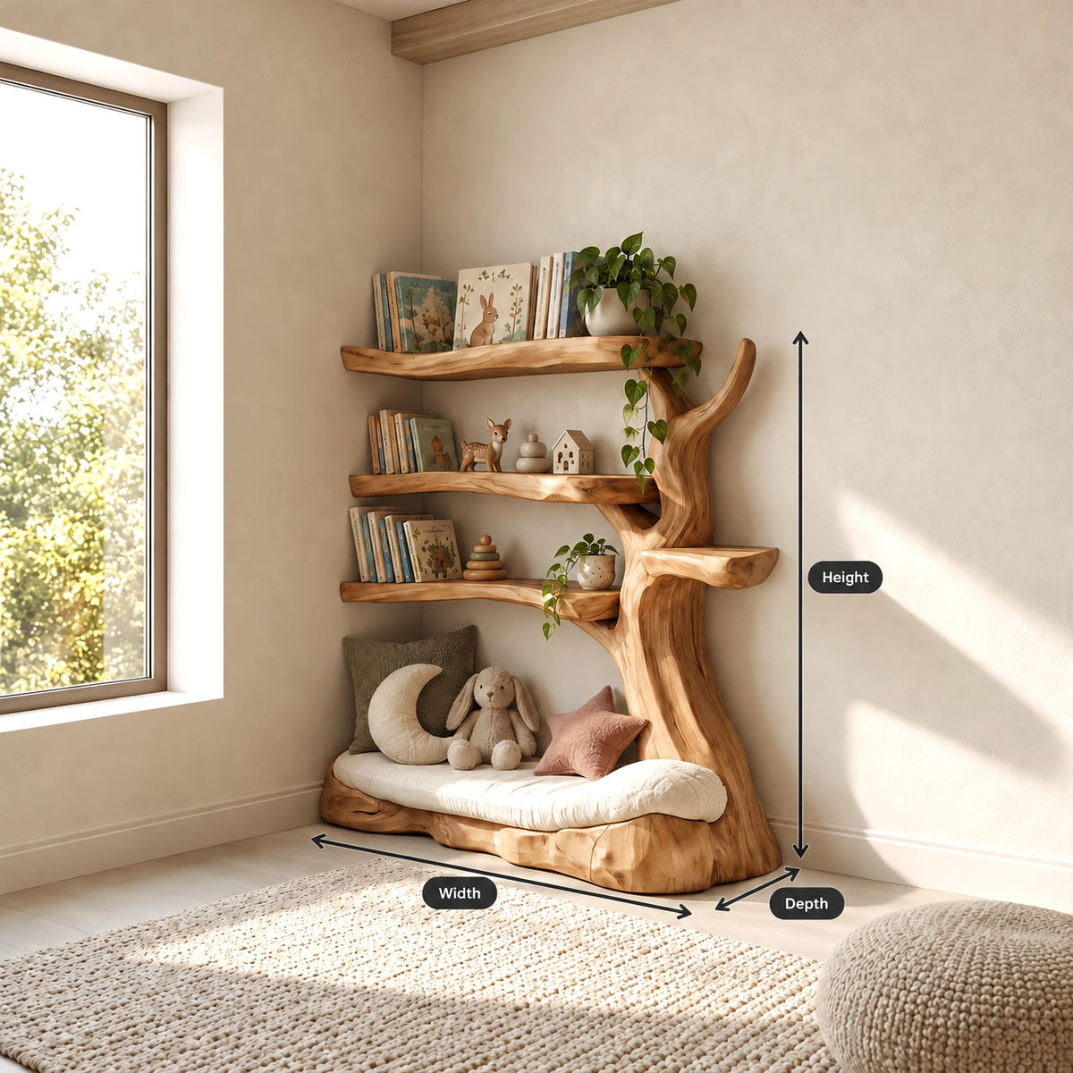 Rustic Solid Wood Tree Bookshelf With Reading Nook Base For Kids Room