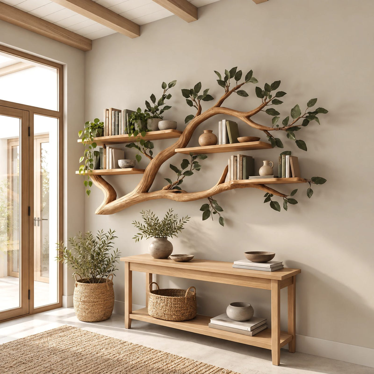 Organic Tree Branch Wall Shelf With Floating Book Ledges For Living Room