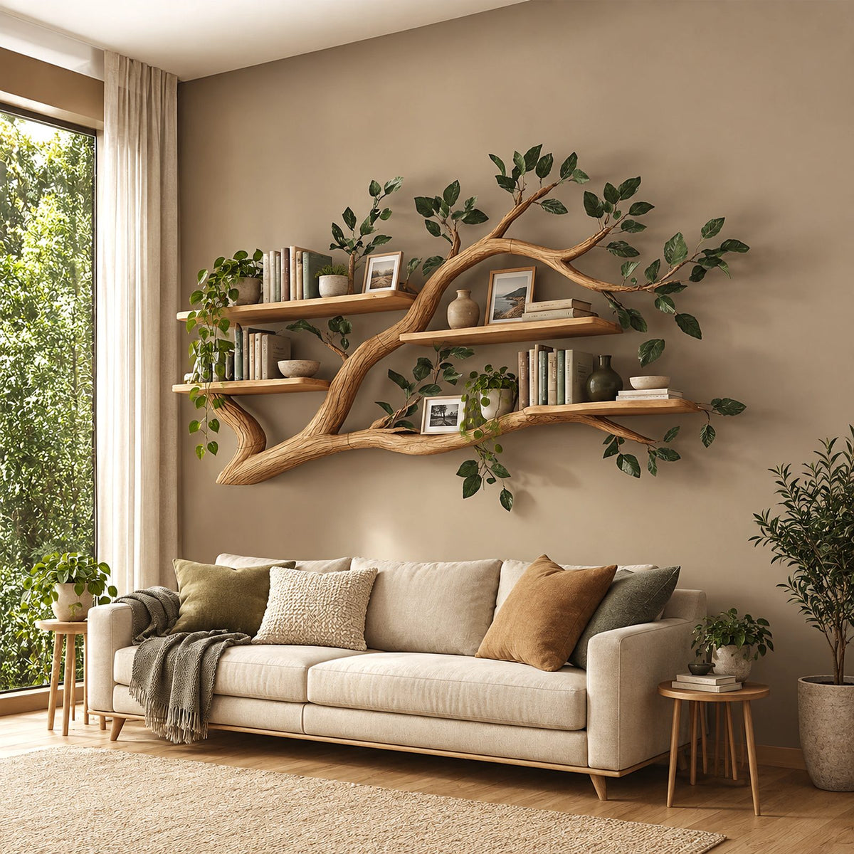 Organic Tree Branch Wall Shelf With Floating Book Ledges For Living Room