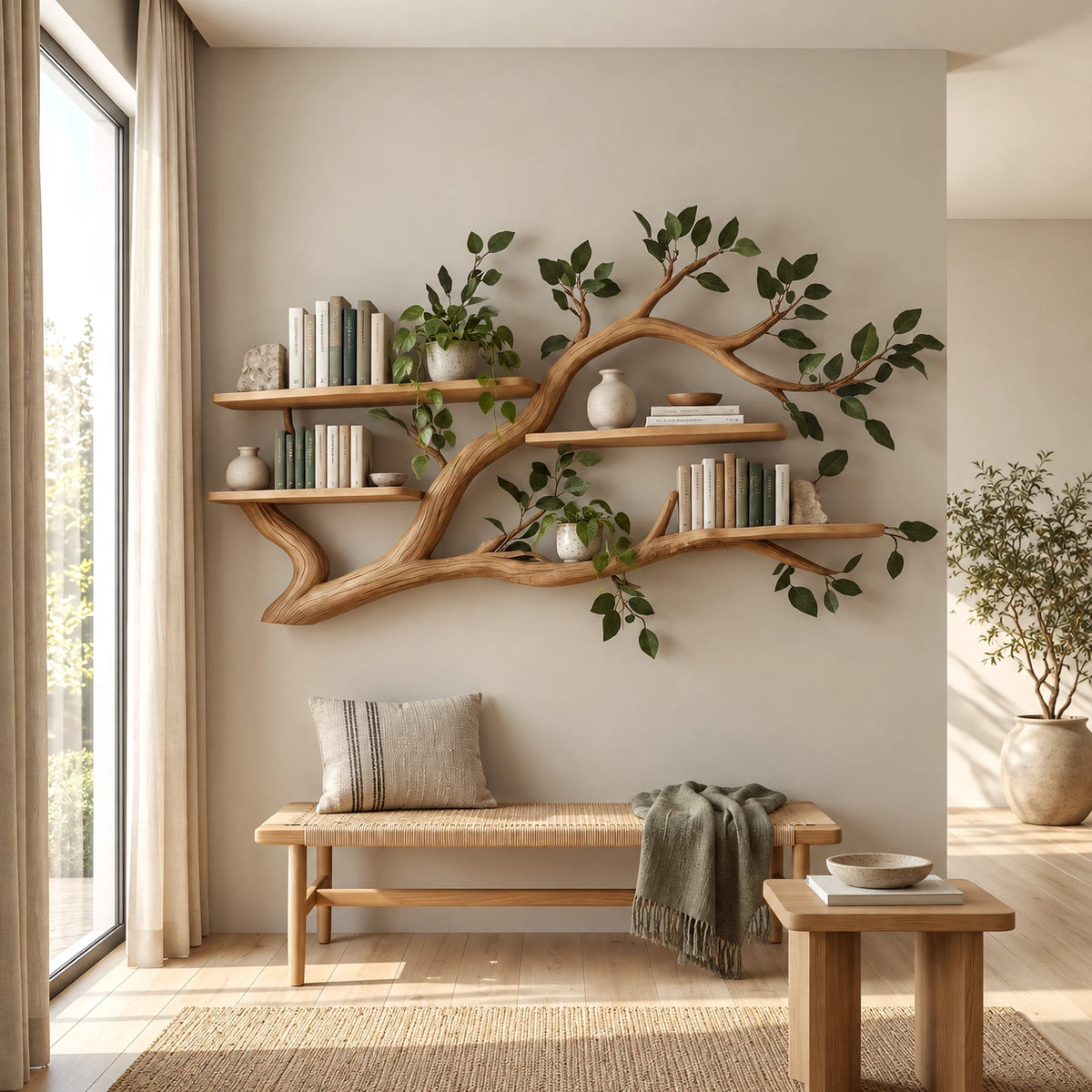 Organic Tree Branch Wall Shelf With Floating Book Ledges For Living Room