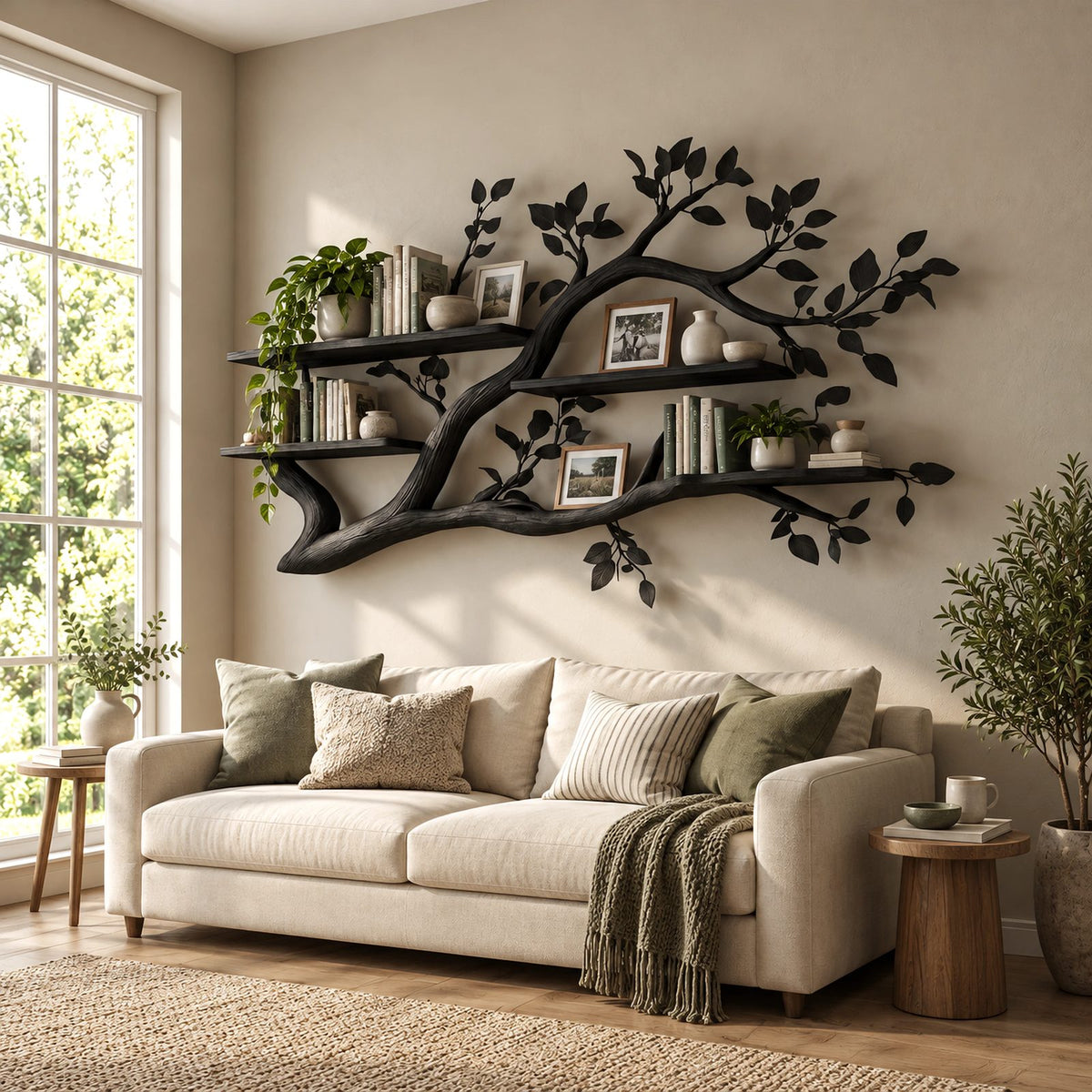 Organic Tree Branch Wall Shelf With Floating Book Ledges For Living Room