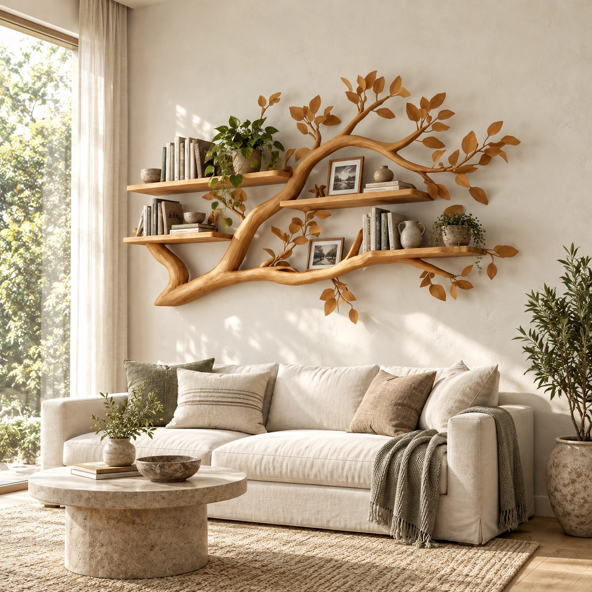 Organic Tree Branch Wall Shelf With Floating Book Ledges For Living Room