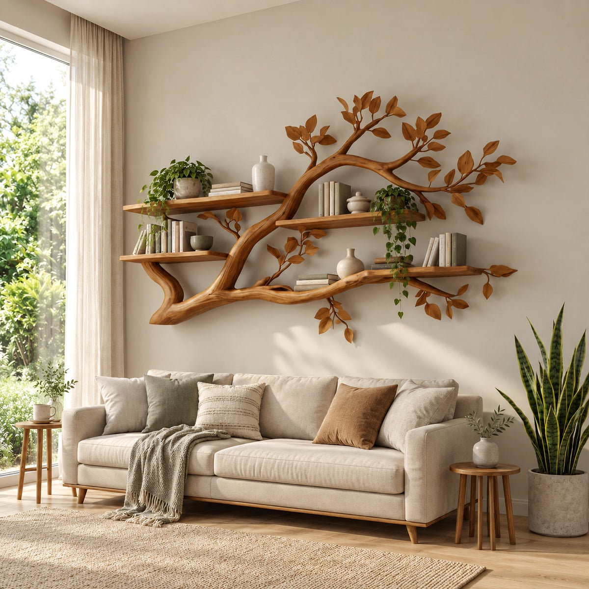 Organic Tree Branch Wall Shelf With Floating Book Ledges For Living Room