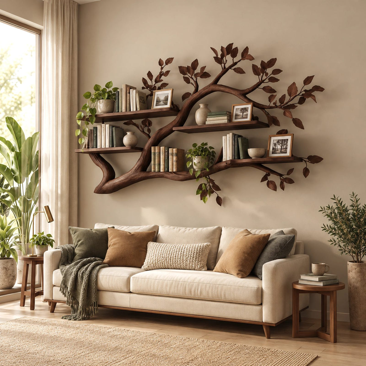 Organic Tree Branch Wall Shelf With Floating Book Ledges For Living Room