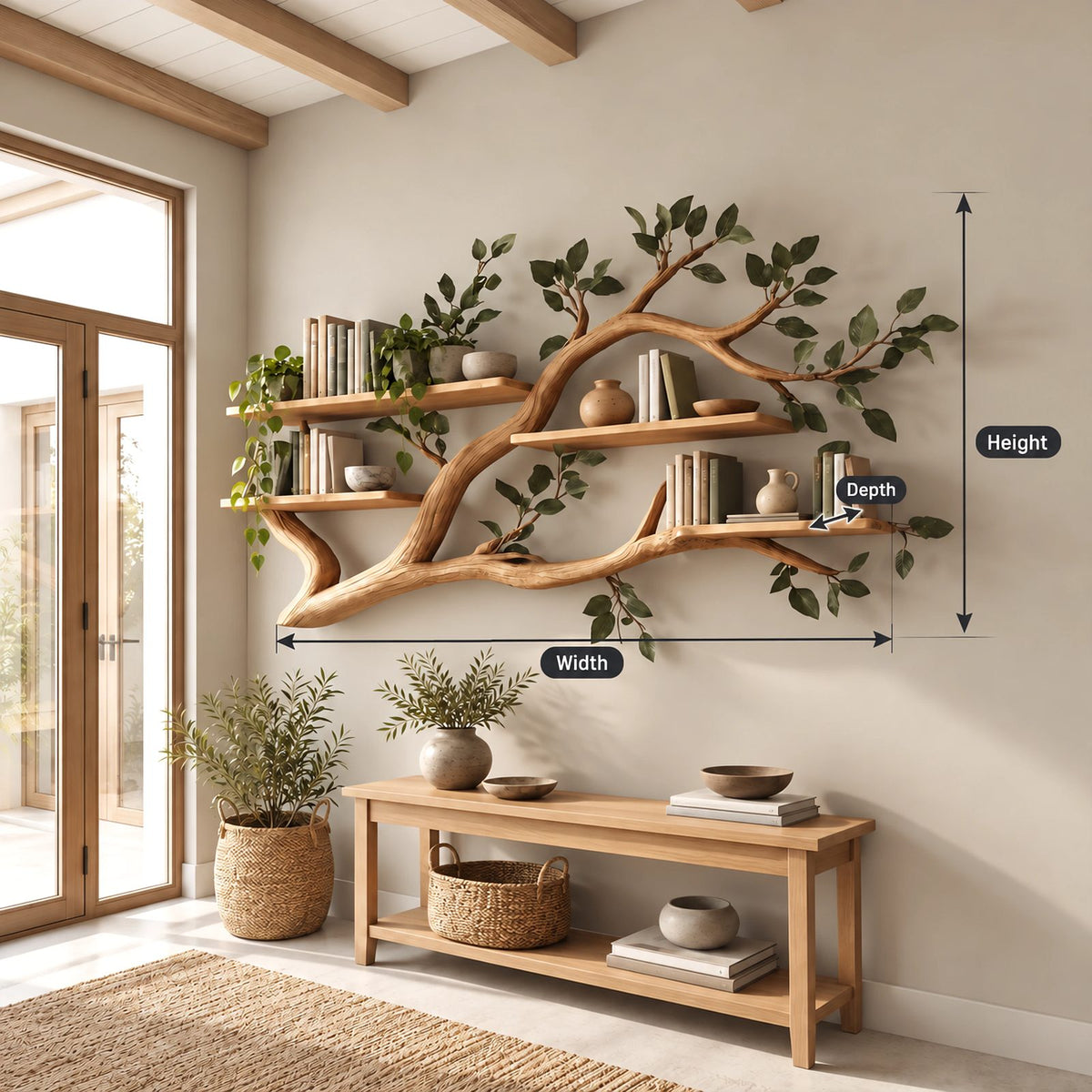 Organic Tree Branch Wall Shelf With Floating Book Ledges For Living Room