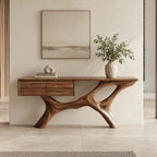 Modern Sculptural Wood Console Table With Built In Drawers For Entryway