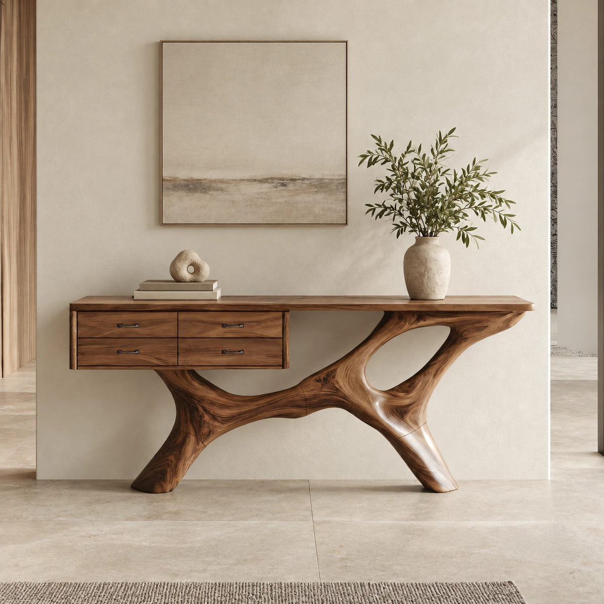 Modern Sculptural Wood Console Table With Built In Drawers For Entryway