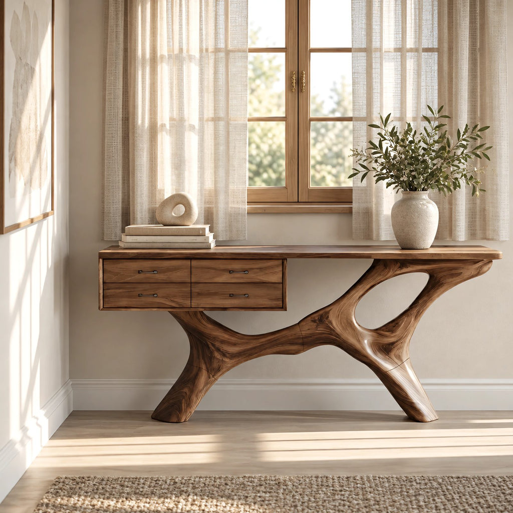 Modern Sculptural Wood Console Table With Built In Drawers For Entryway