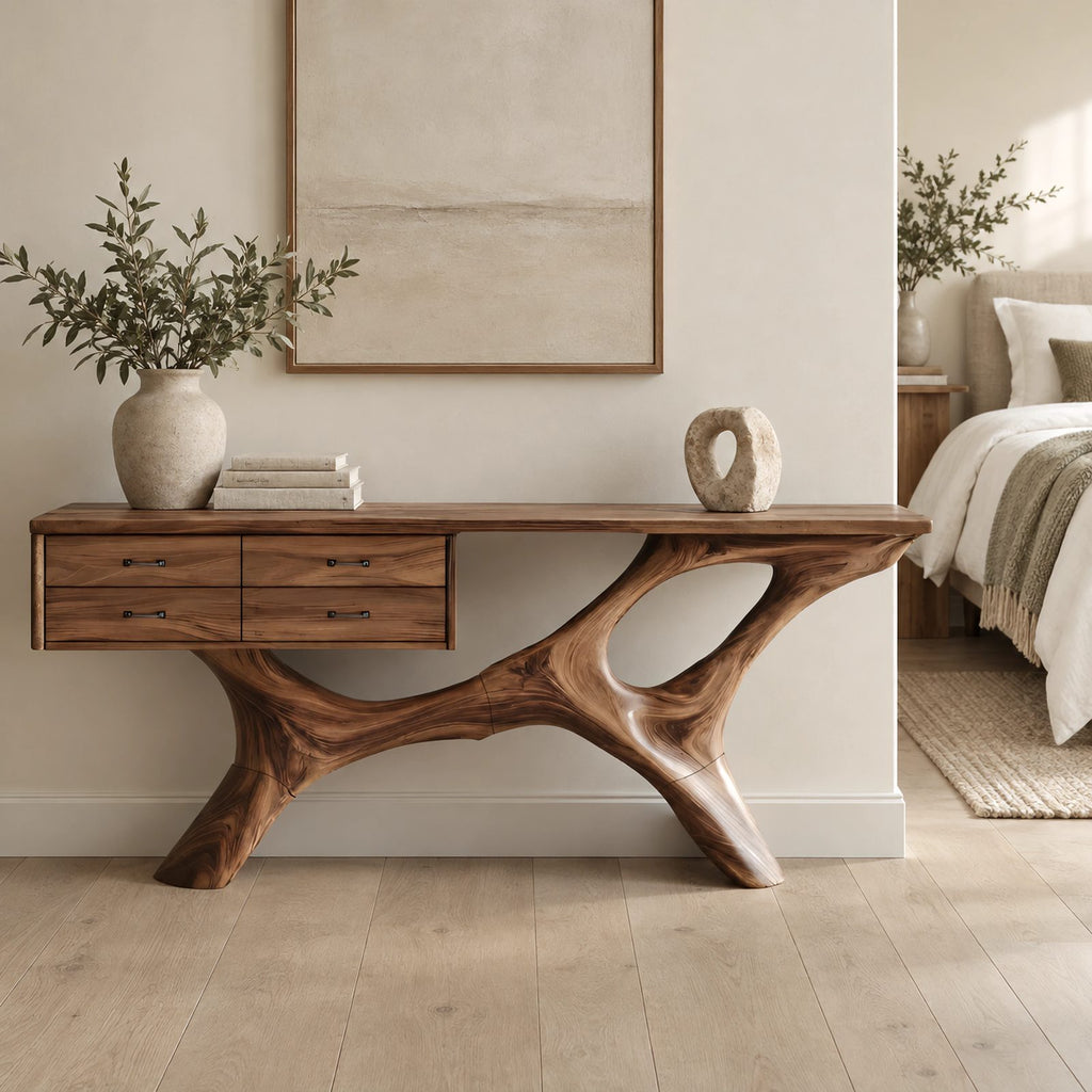 Modern Sculptural Wood Console Table With Built In Drawers For Entryway